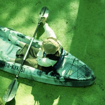 a kayak on green water, seen from above
